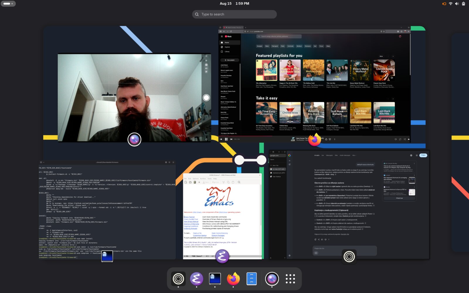 GNOME desktop overview with the FaceTime HD camera working in GNOME Camera
