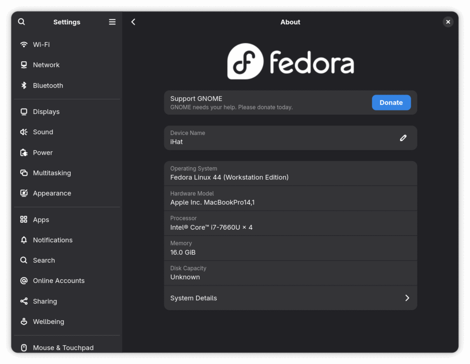 GNOME Settings About page showing Fedora 44 on the MacBookPro14,1